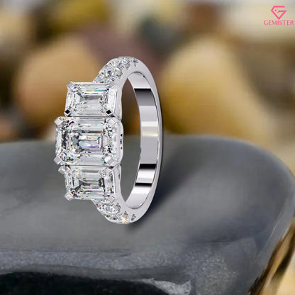 3.00 CT Emerald Cut Three Stone Lab Grown Diamond Engagement Ring with Side Accents – Classic Bridal Jewelry