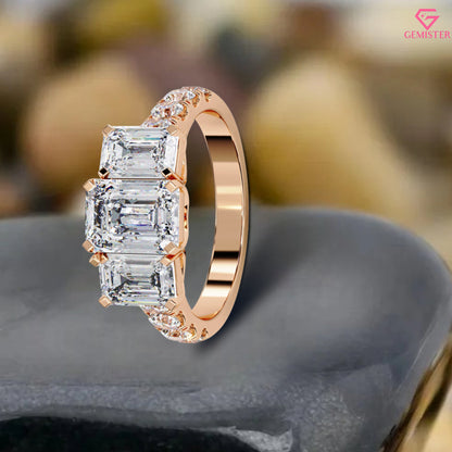 3.00 CT Emerald Cut Three Stone Lab Grown Diamond Engagement Ring with Side Accents – Classic Bridal Jewelry