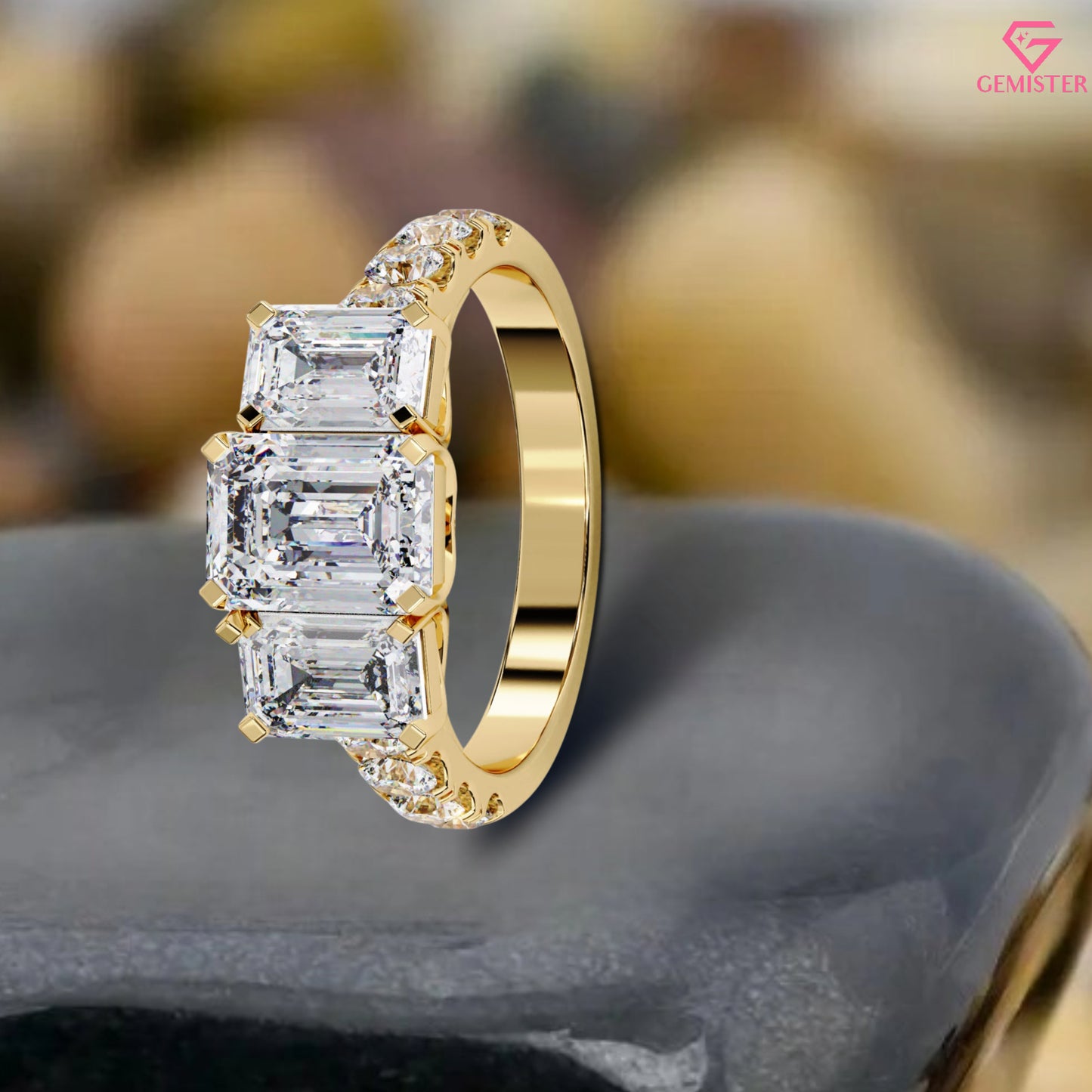 3.00 CT Emerald Cut Three Stone Lab Grown Diamond Engagement Ring with Side Accents – Classic Bridal Jewelry