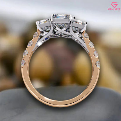 3.00 CT Emerald Cut Three Stone Lab Grown Diamond Engagement Ring with Side Accents – Classic Bridal Jewelry