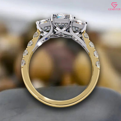 3.00 CT Emerald Cut Three Stone Lab Grown Diamond Engagement Ring with Side Accents – Classic Bridal Jewelry