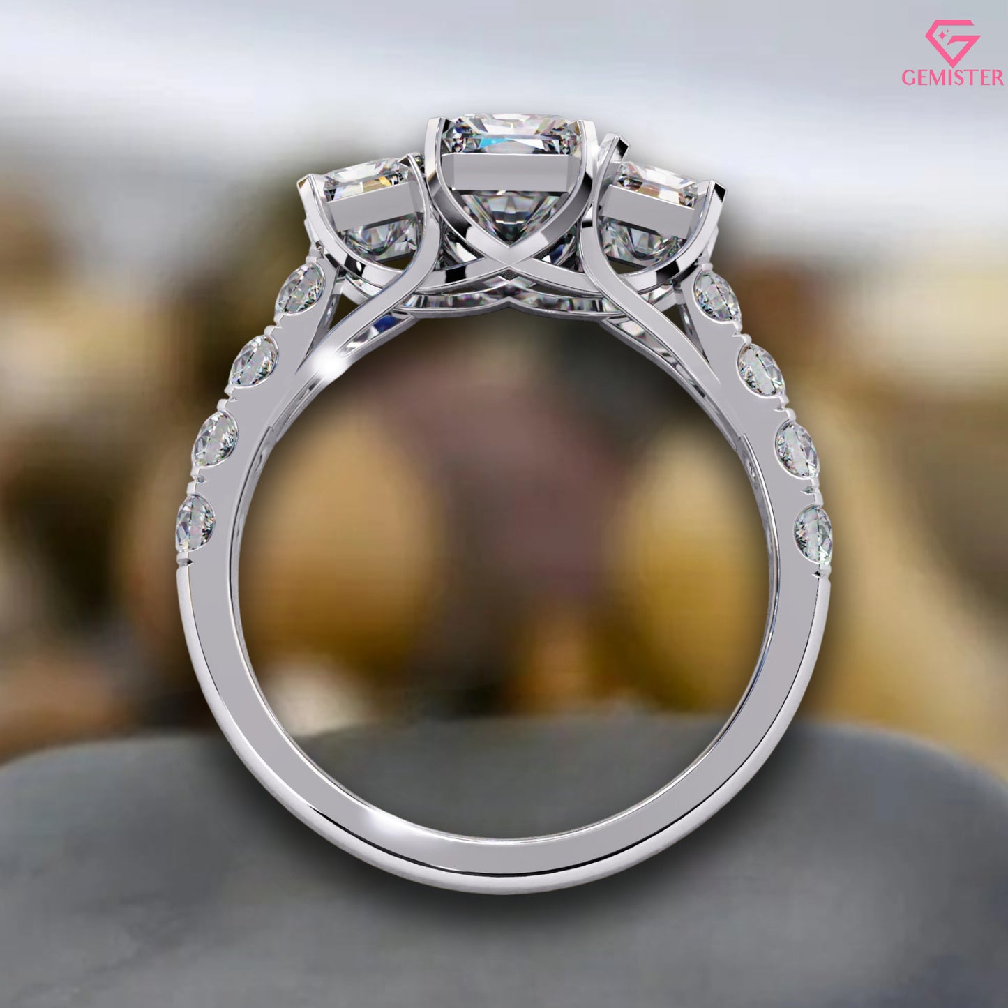 3.00 CT Emerald Cut Three Stone Lab Grown Diamond Engagement Ring with Side Accents – Classic Bridal Jewelry