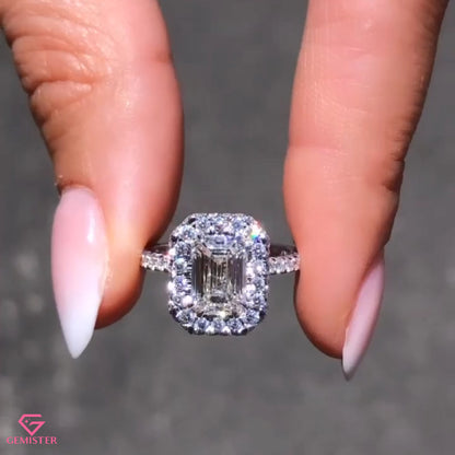 2.92 CT Emerald Cut Moissanite Halo Engagement Ring with Diamond Accents – Elegant Bridal Jewelry