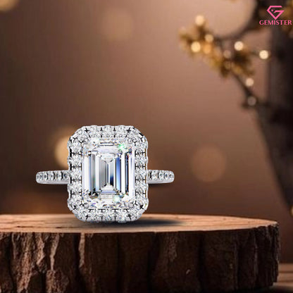 2.92 CT Emerald Cut Moissanite Halo Engagement Ring with Diamond Accents – Elegant Bridal Jewelry