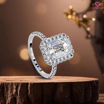 2.92 CT Emerald Cut Moissanite Halo Engagement Ring with Diamond Accents – Elegant Bridal Jewelry