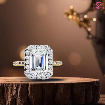 2.92 CT Emerald Cut Moissanite Halo Engagement Ring with Diamond Accents – Elegant Bridal Jewelry