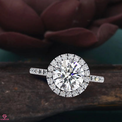 2.90 CT Round Cut Lab Grown Diamond Halo Engagement Ring with Diamond Accents – Classic Bridal Jewelry