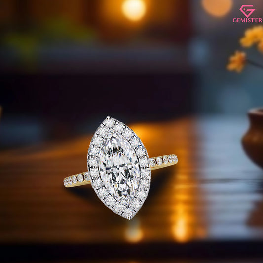 2.16 CT Marquise Cut Moissanite Halo Engagement Ring with Diamond Accents – Elegant Bridal Jewelry