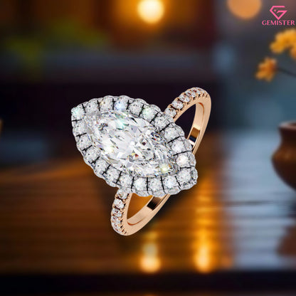 2.16 CT Marquise Cut Lab Grown Diamond Halo Engagement Ring with Diamond Accents – Elegant Bridal Jewelry