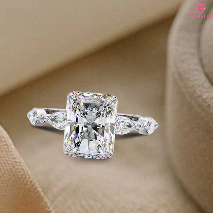 2.92 CT Radiant Cut Lab Grown Diamond Engagement Ring with Marquise and Round Side Accents – Unique Bridal Jewelry