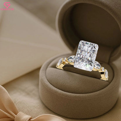 2.92 CT Radiant Cut Lab Grown Diamond Engagement Ring with Marquise and Round Side Accents – Unique Bridal Jewelry