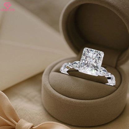 2.92 CT Radiant Cut Lab Grown Diamond Engagement Ring with Marquise and Round Side Accents – Unique Bridal Jewelry