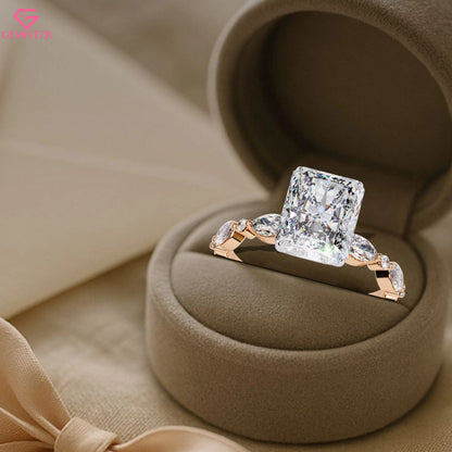 2.92 CT Radiant Cut Lab Grown Diamond Engagement Ring with Marquise and Round Side Accents – Unique Bridal Jewelry