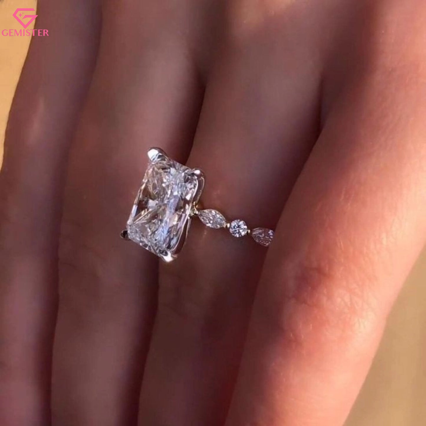 2.92 CT Radiant Cut Lab Grown Diamond Engagement Ring with Marquise and Round Side Accents – Unique Bridal Jewelry