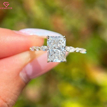 2.92 CT Radiant Cut Lab Grown Diamond Engagement Ring with Marquise and Round Side Accents – Unique Bridal Jewelry