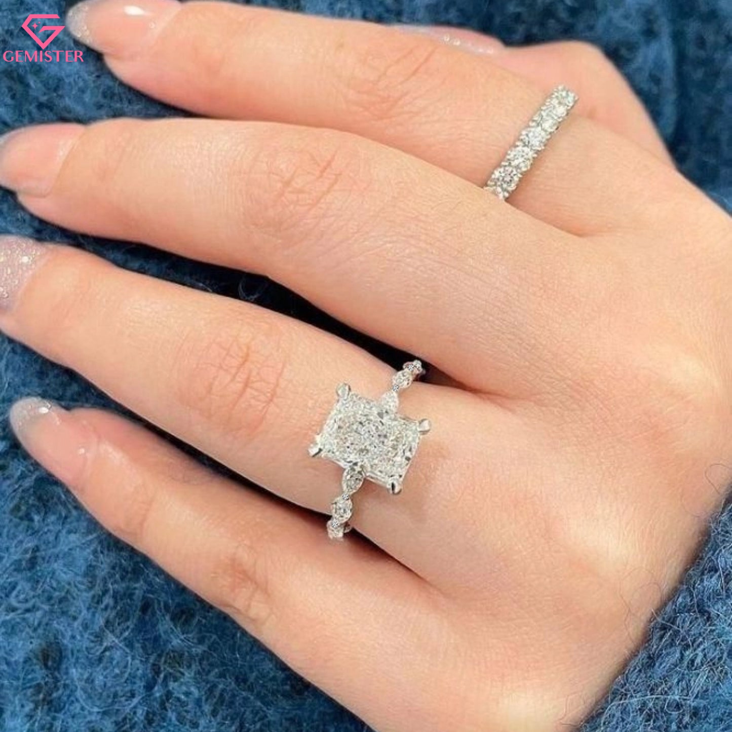 2.92 CT Radiant Cut Lab Grown Diamond Engagement Ring with Marquise and Round Side Accents – Unique Bridal Jewelry