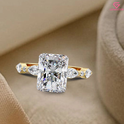 2.92 CT Radiant Cut Lab Grown Diamond Engagement Ring with Marquise and Round Side Accents – Unique Bridal Jewelry