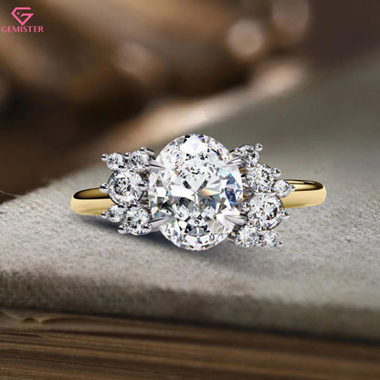 1.22 CT Oval Cut Lab Grown Diamond Cluster Engagement Ring with Side Diamond Accents – Unique Bridal Jewelry