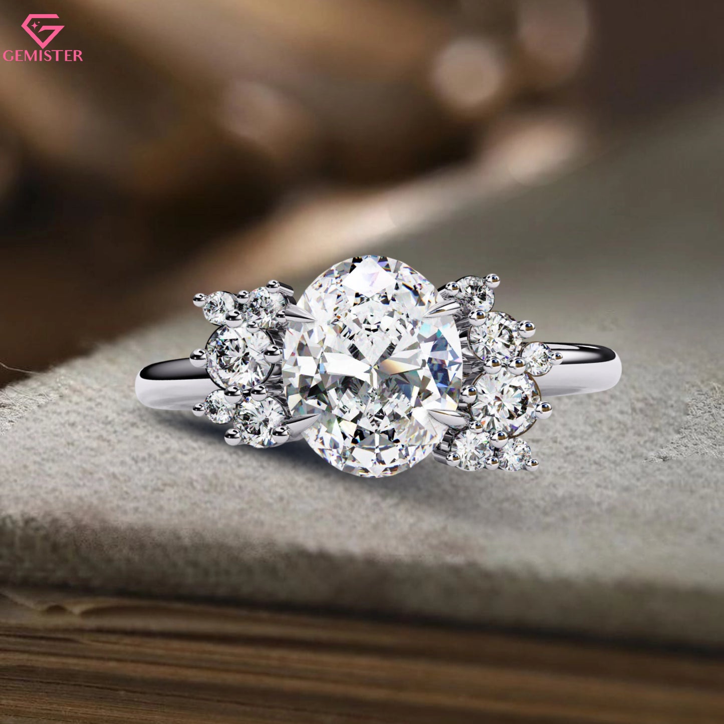 1.22 CT Oval Cut Lab Grown Diamond Cluster Engagement Ring with Side Diamond Accents – Unique Bridal Jewelry