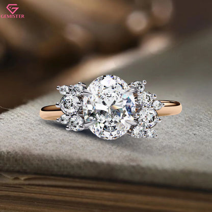 1.22 CT Oval Cut Lab Grown Diamond Cluster Engagement Ring with Side Diamond Accents – Unique Bridal Jewelry