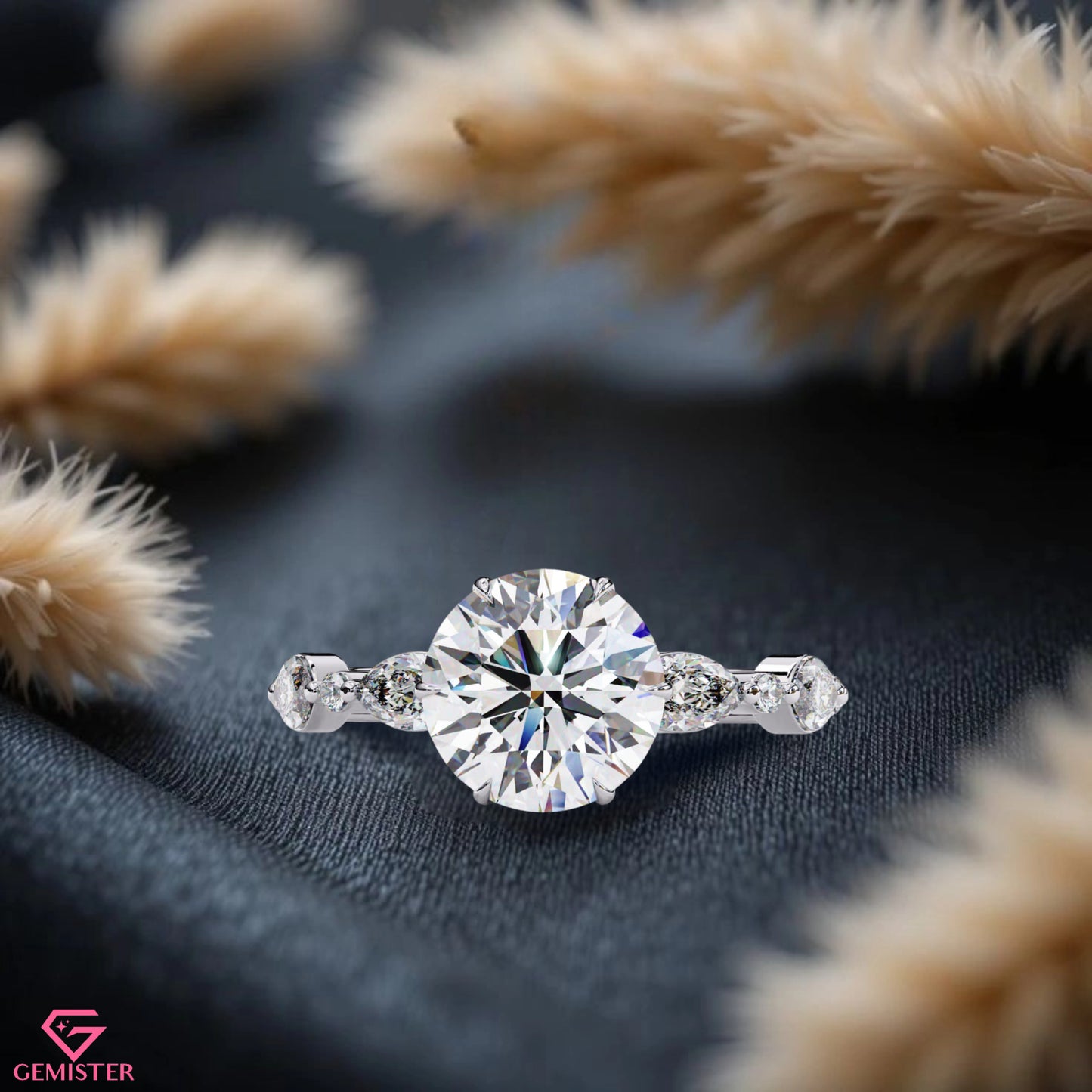 2.82 CT Round Cut Moissanite Engagement Ring with Marquise and Round Side Accents – Elegant Bridal Jewelry