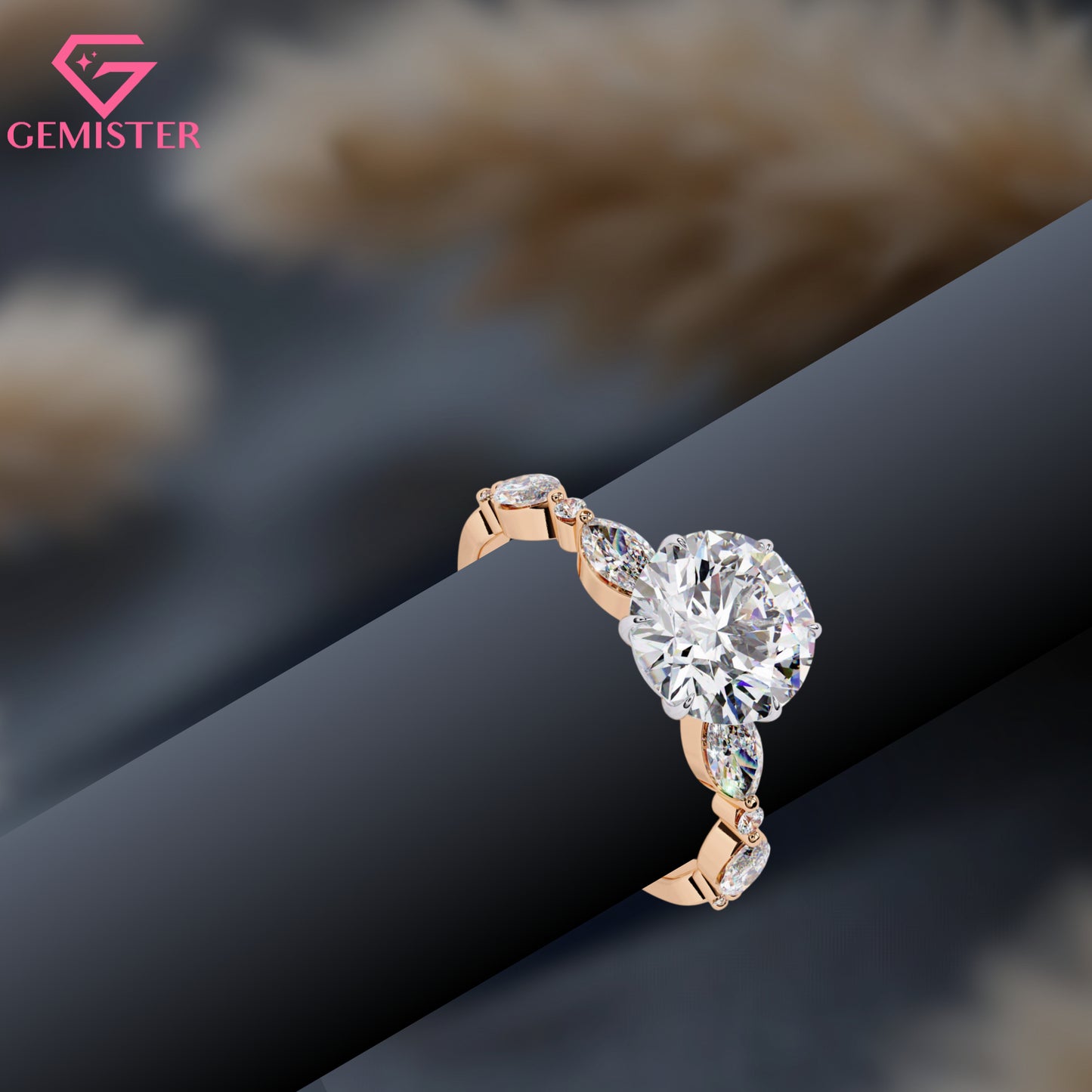 2.82 CT Round Cut Moissanite Engagement Ring with Marquise and Round Side Accents – Elegant Bridal Jewelry