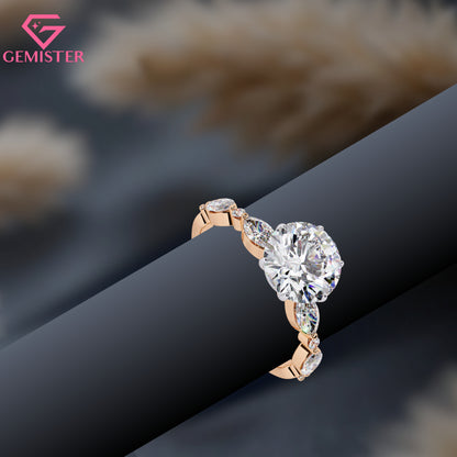 2.82 CT Round Cut Moissanite Engagement Ring with Marquise and Round Side Accents – Elegant Bridal Jewelry