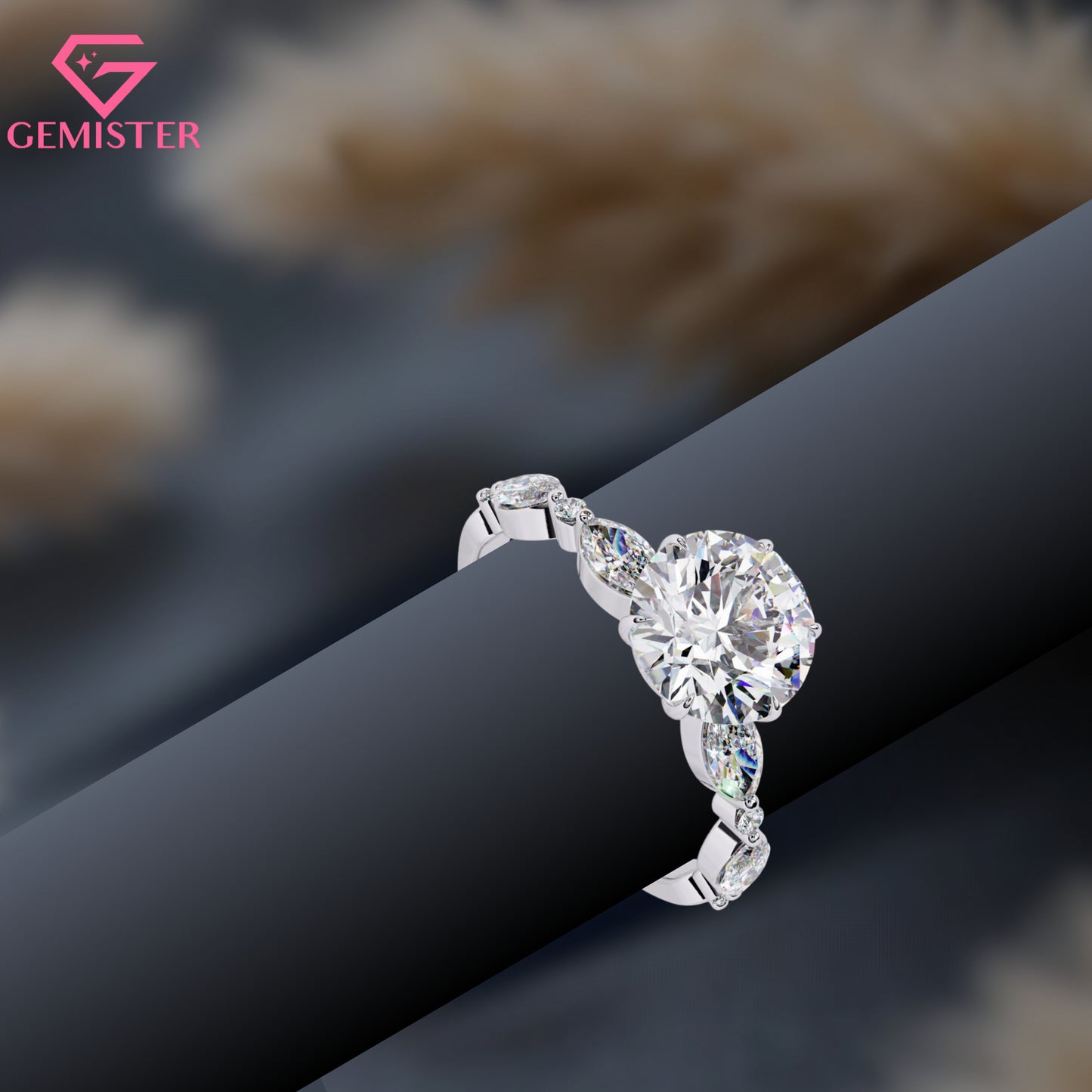 2.82 CT Round Cut Moissanite Engagement Ring with Marquise and Round Side Accents – Elegant Bridal Jewelry