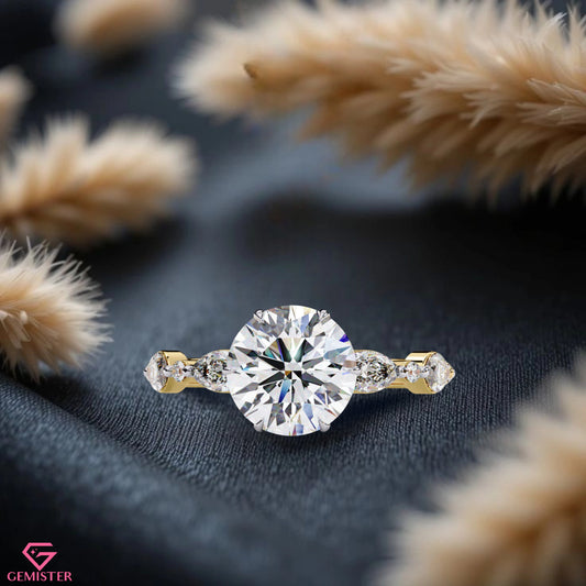 2.82 CT Round Cut Lab Grown Diamond Engagement Ring with Marquise and Round Side Accents – Elegant Bridal Jewelry