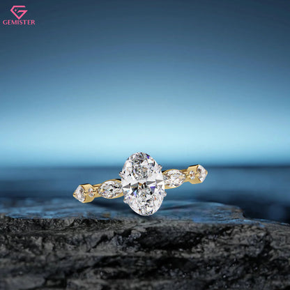 2.10 CT Oval Cut Lab Grown Diamond Engagement Ring with Marquise Side Accents – Unique Gold Bridal Jewelry