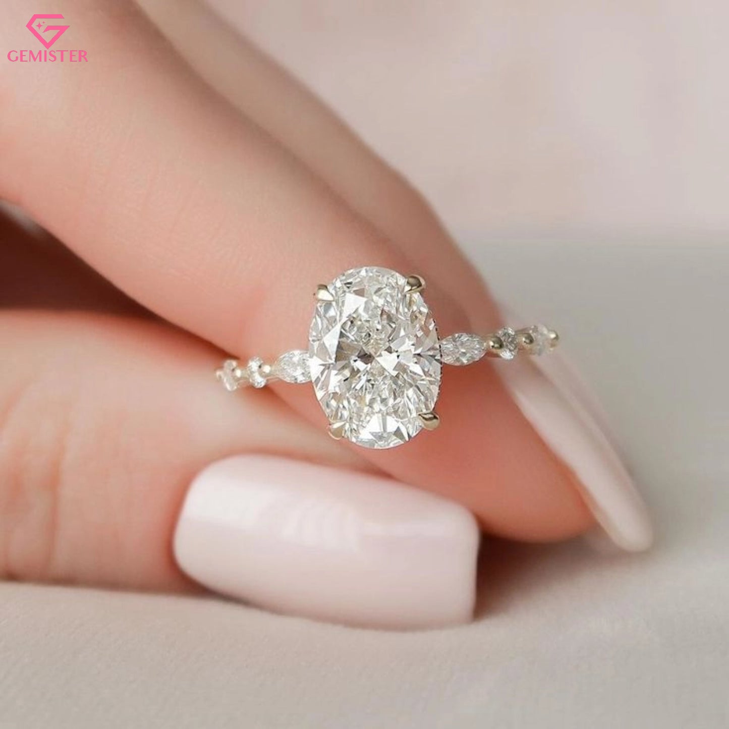 2.10 CT Oval Cut Lab Grown Diamond Engagement Ring with Marquise Side Accents – Unique Gold Bridal Jewelry