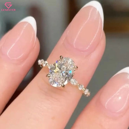 2.10 CT Oval Cut Lab Grown Diamond Engagement Ring with Marquise Side Accents – Unique Gold Bridal Jewelry