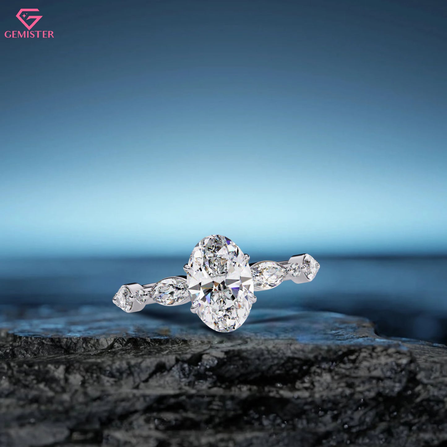 2.10 CT Oval Cut Lab Grown Diamond Engagement Ring with Marquise Side Accents – Unique Gold Bridal Jewelry