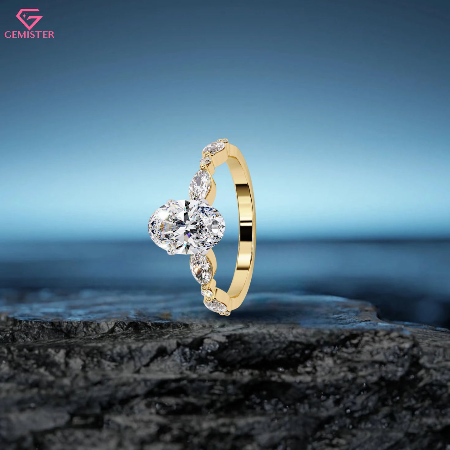 2.10 CT Oval Cut Lab Grown Diamond Engagement Ring with Marquise Side Accents – Unique Gold Bridal Jewelry