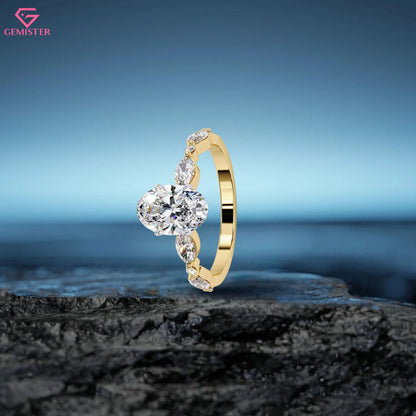 2.10 CT Oval Cut Lab Grown Diamond Engagement Ring with Marquise Side Accents – Unique Gold Bridal Jewelry