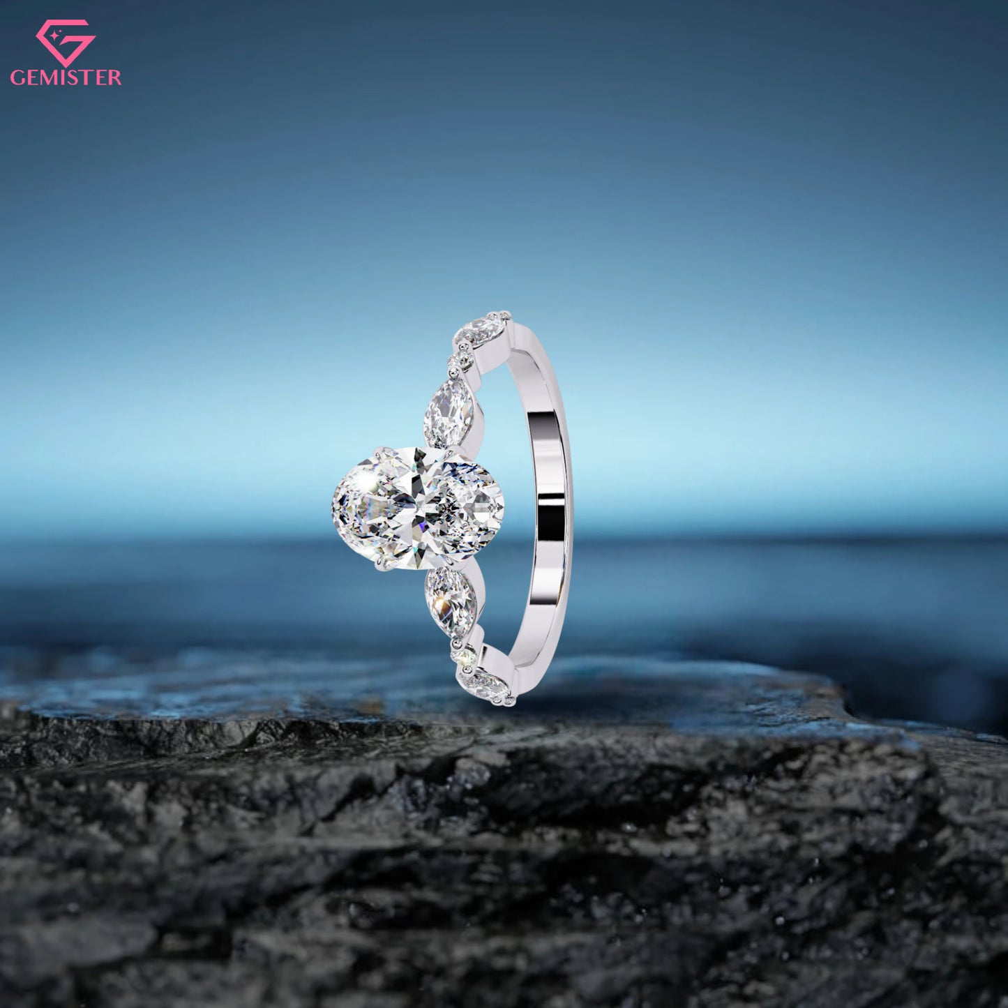 2.10 CT Oval Cut Lab Grown Diamond Engagement Ring with Marquise Side Accents – Unique Gold Bridal Jewelry