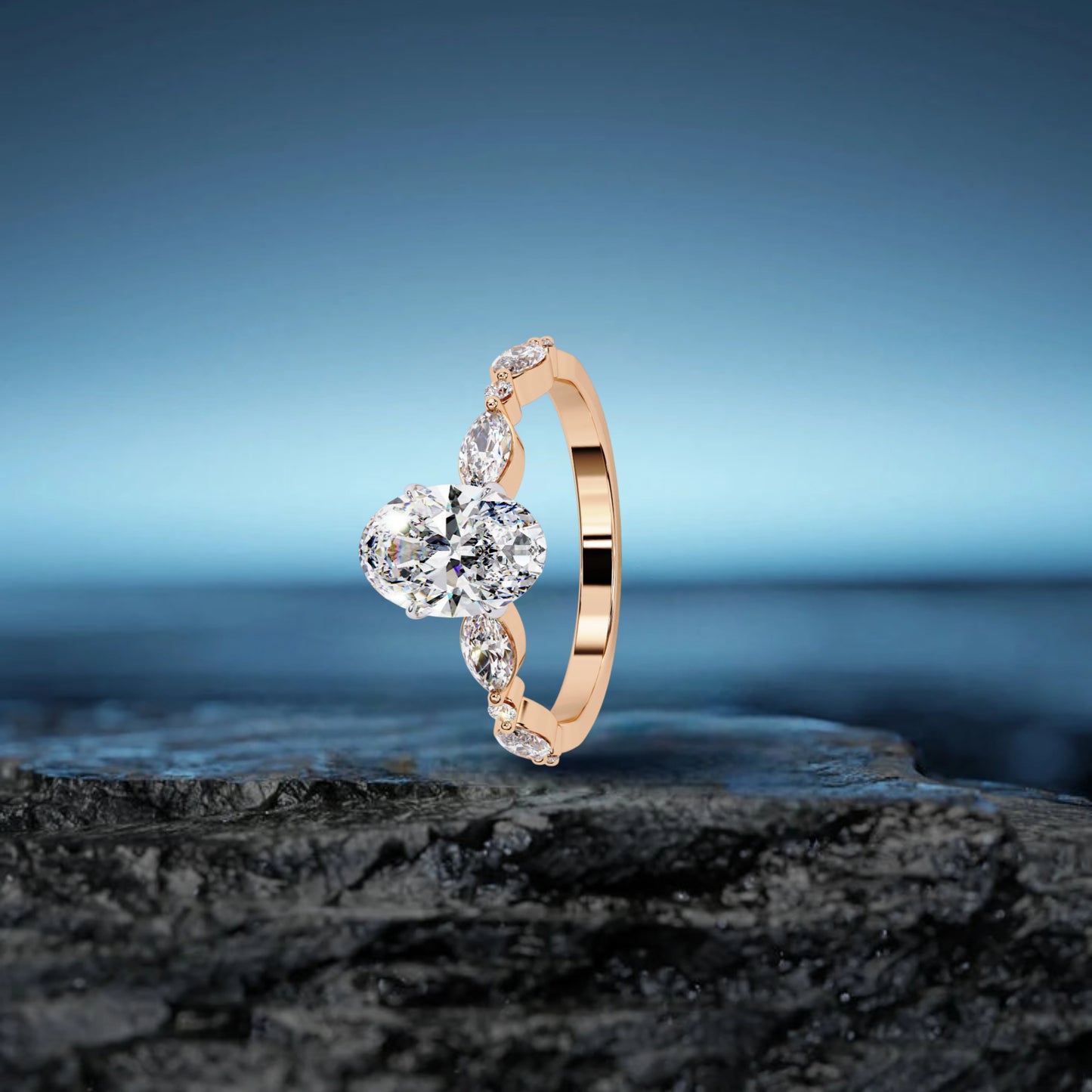 2.10 CT Oval Cut Lab Grown Diamond Engagement Ring with Marquise Side Accents – Unique Gold Bridal Jewelry