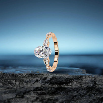 2.10 CT Oval Cut Lab Grown Diamond Engagement Ring with Marquise Side Accents – Unique Gold Bridal Jewelry