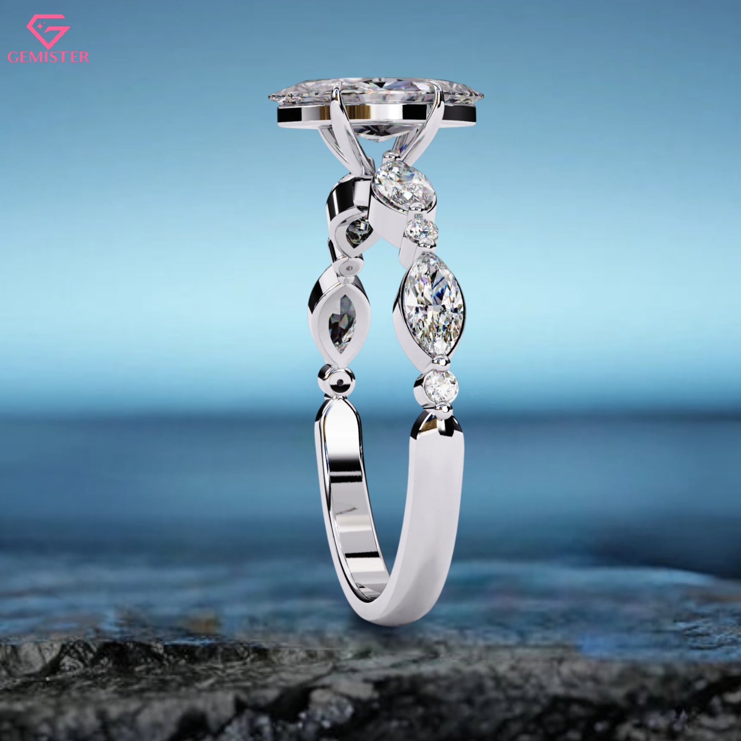 2.10 CT Oval Cut Lab Grown Diamond Engagement Ring with Marquise Side Accents – Unique Gold Bridal Jewelry