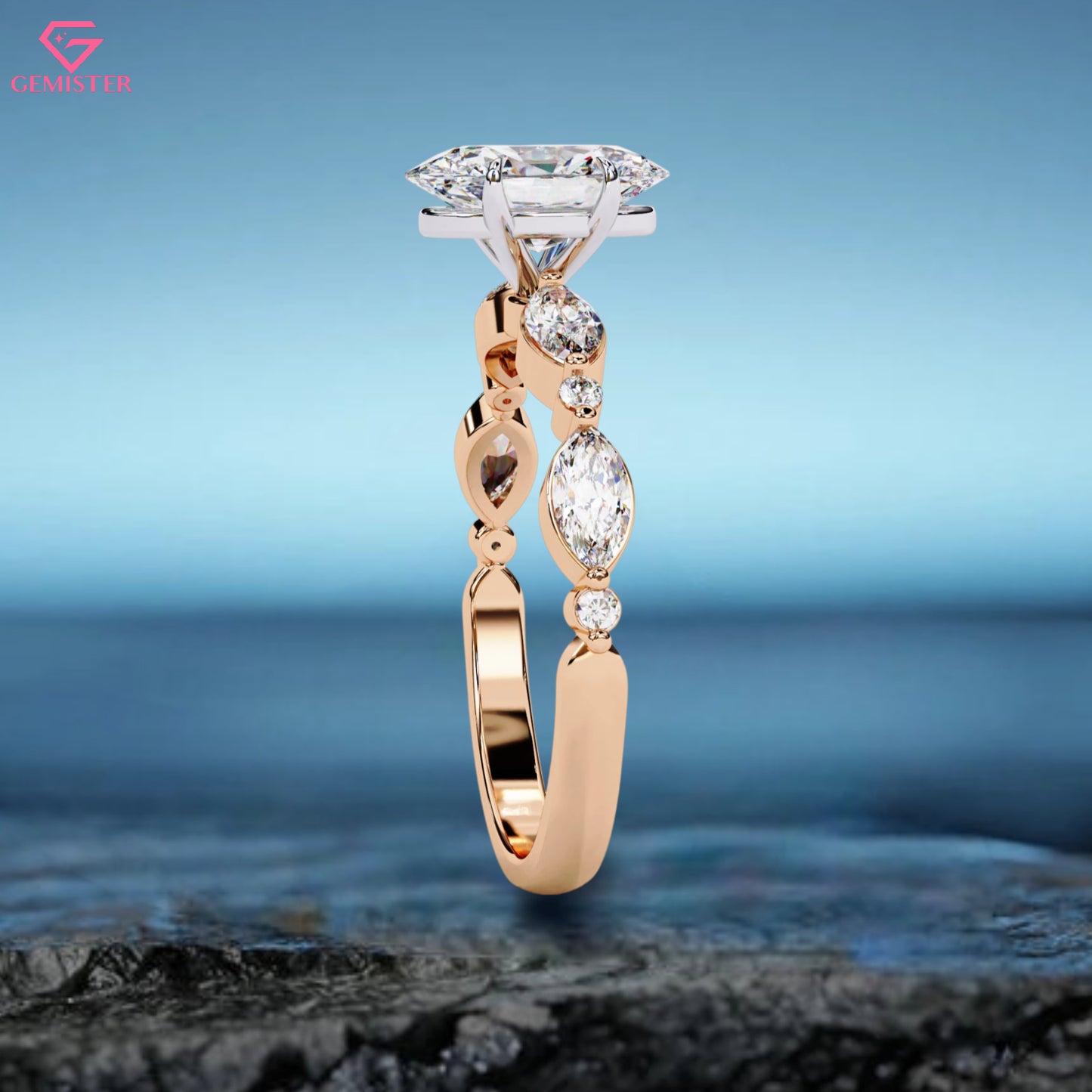 2.10 CT Oval Cut Lab Grown Diamond Engagement Ring with Marquise Side Accents – Unique Gold Bridal Jewelry