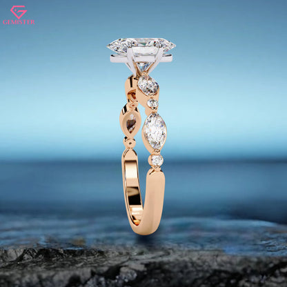 2.10 CT Oval Cut Lab Grown Diamond Engagement Ring with Marquise Side Accents – Unique Gold Bridal Jewelry