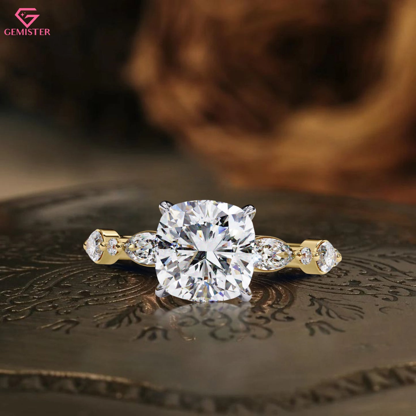 3.56 CT Cushion Cut Lab Grown Diamond Engagement Ring with Marquise and Round Side Accents – Unique Bridal Jewelry