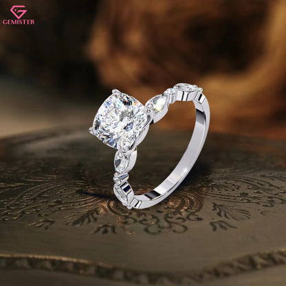 3.56 CT Cushion Cut Lab Grown Diamond Engagement Ring with Marquise and Round Side Accents – Unique Bridal Jewelry