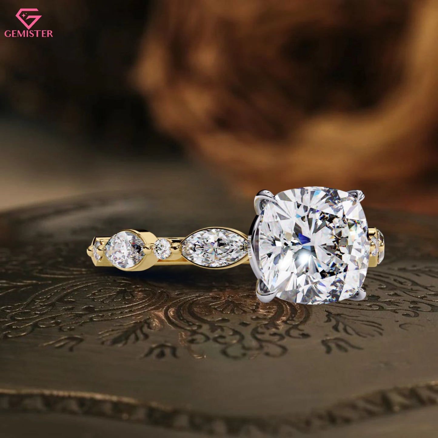 3.56 CT Cushion Cut Lab Grown Diamond Engagement Ring with Marquise and Round Side Accents – Unique Bridal Jewelry