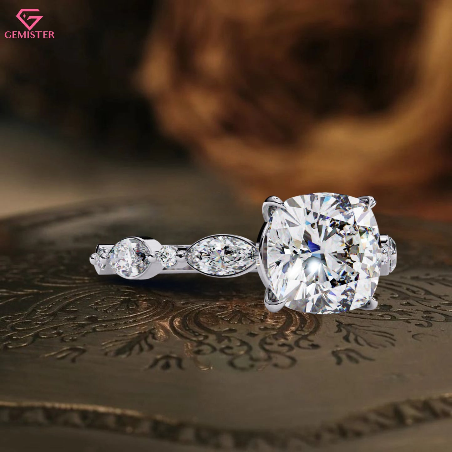 3.56 CT Cushion Cut Lab Grown Diamond Engagement Ring with Marquise and Round Side Accents – Unique Bridal Jewelry