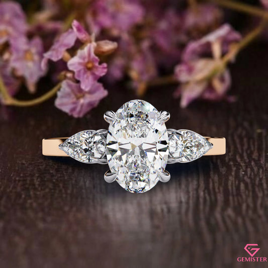 1.54 CT Oval Cut Lab Grown Diamond Three Stone Engagement Ring with Pear Side Accents – Classic Bridal Jewelry