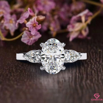 1.54 CT Oval Cut Moissanite Three Stone Engagement Ring with Pear Side Accents – Classic Bridal Jewelry
