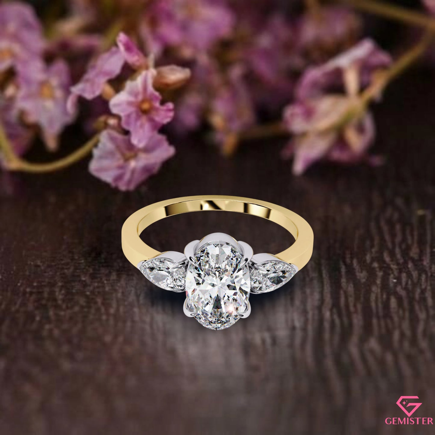 1.54 CT Oval Cut Moissanite Three Stone Engagement Ring with Pear Side Accents – Classic Bridal Jewelry