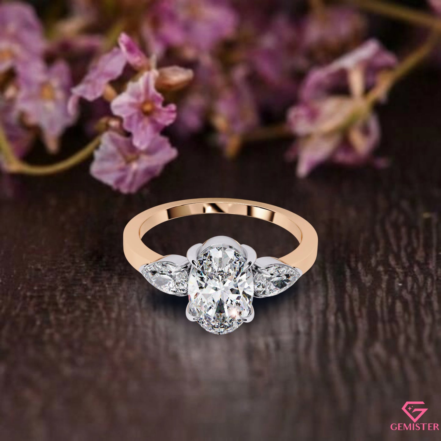 1.54 CT Oval Cut Moissanite Three Stone Engagement Ring with Pear Side Accents – Classic Bridal Jewelry