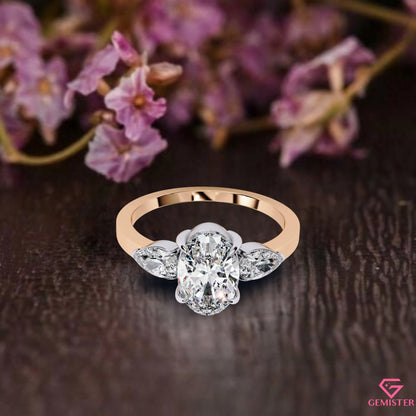 1.54 CT Oval Cut Moissanite Three Stone Engagement Ring with Pear Side Accents – Classic Bridal Jewelry
